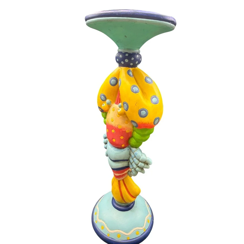 Rare Whimsical Hand Painted Lobster Pillar Candle Holder Coastal Folk Art Decor